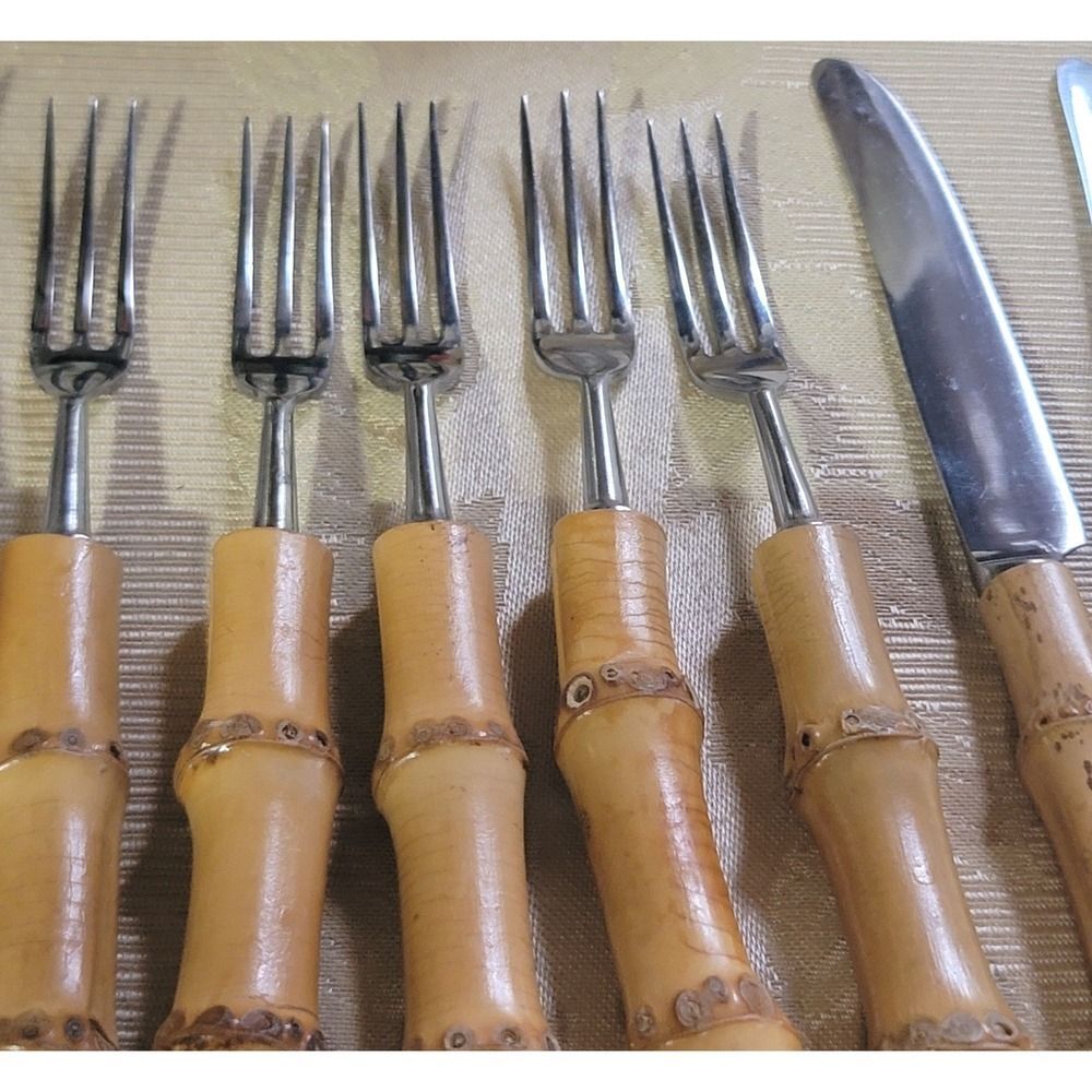 Bamboo Handle Stainless Steel Fork Set 6 Appetizer Dessert Cocktail Fondue MCM